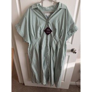 Ava & Viv Short Sleeve Pleated Midi Shirtdress Size 3X Green Striped Coastal NWT